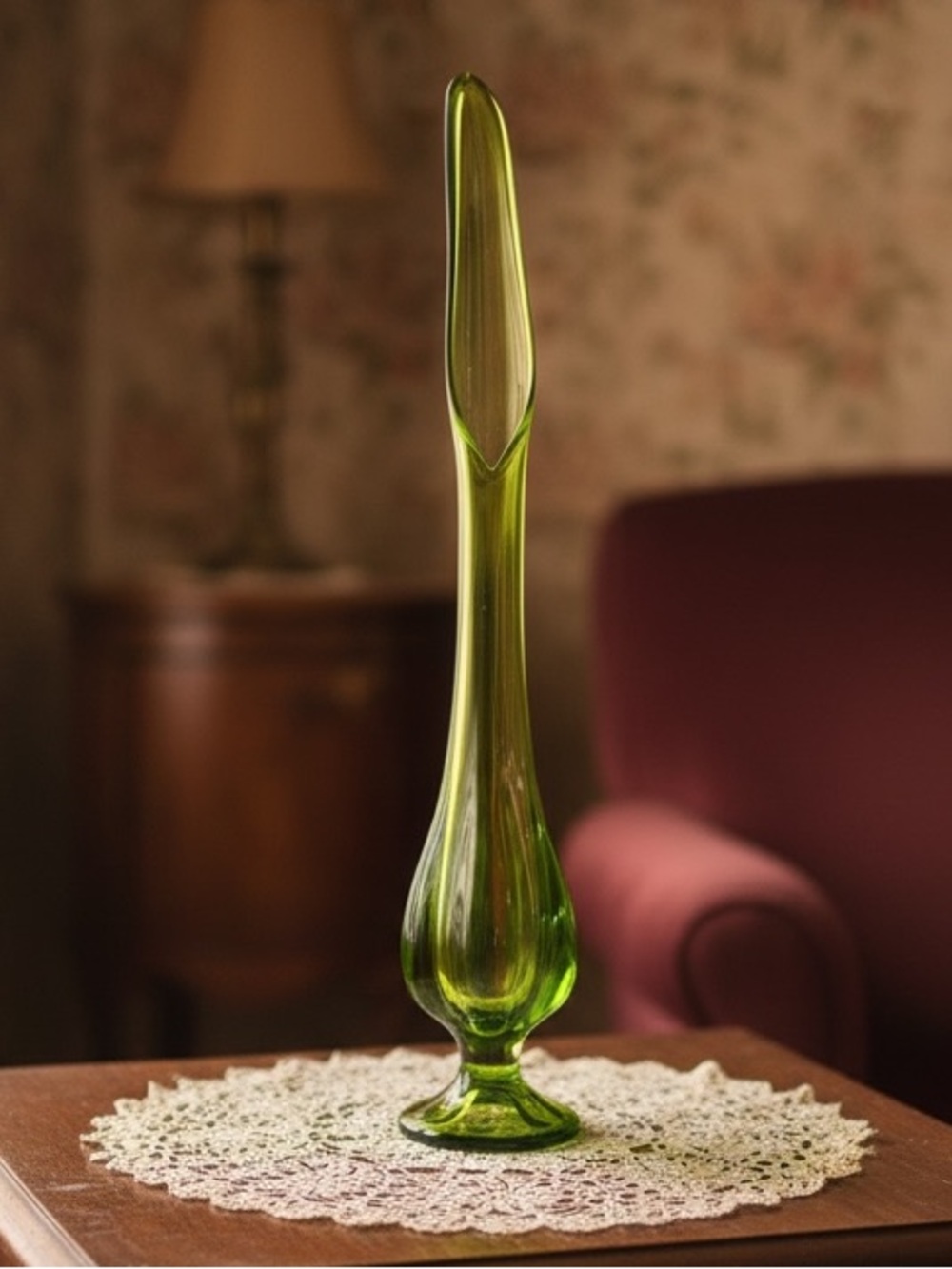 Vintage Viking Glass swung vase in EPIC Drape pattern and avocado green color